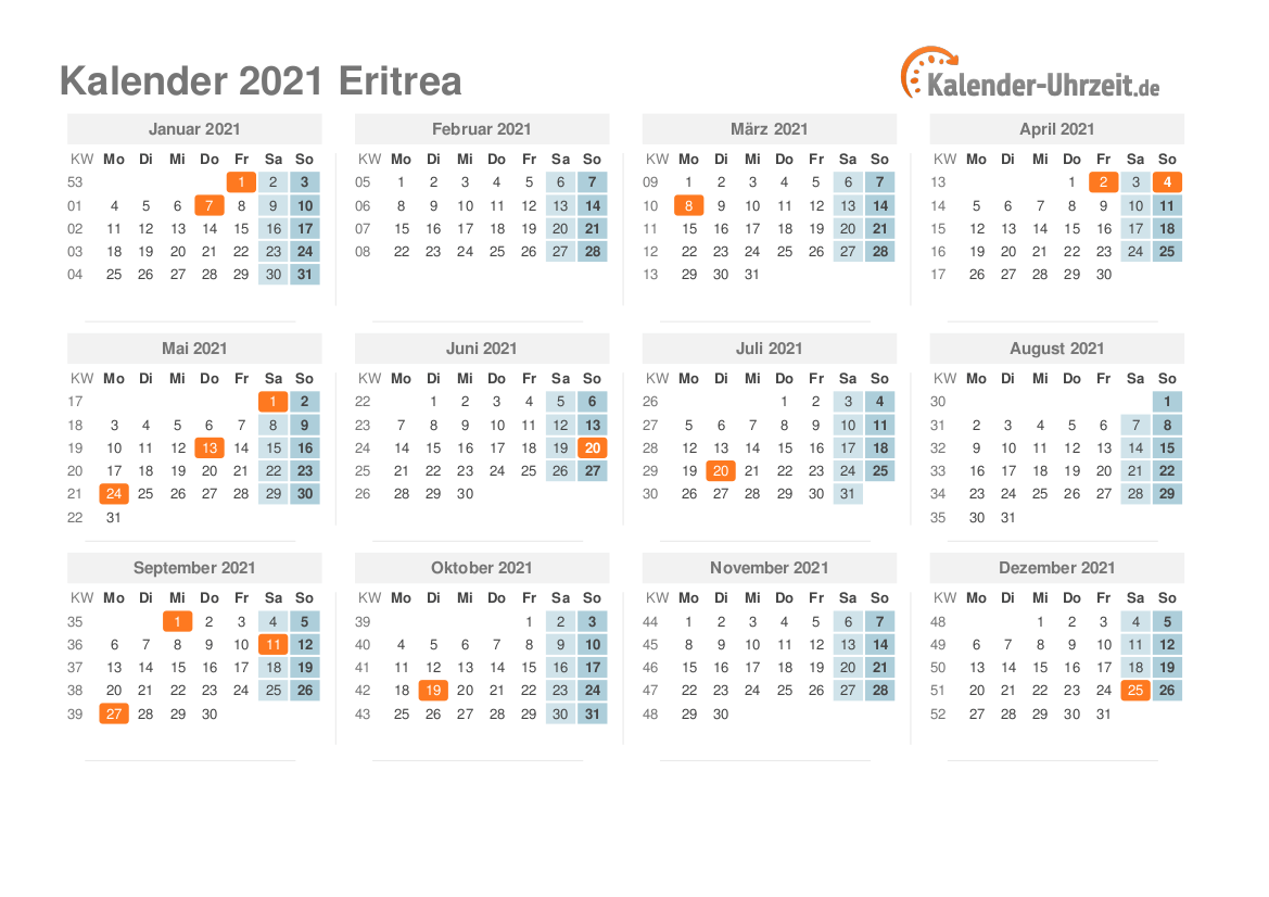 Kalender 2021 Eritrea mit Feiertagen zum Ausdrucken Kalender 2021 Eritrea mit Feiertagen