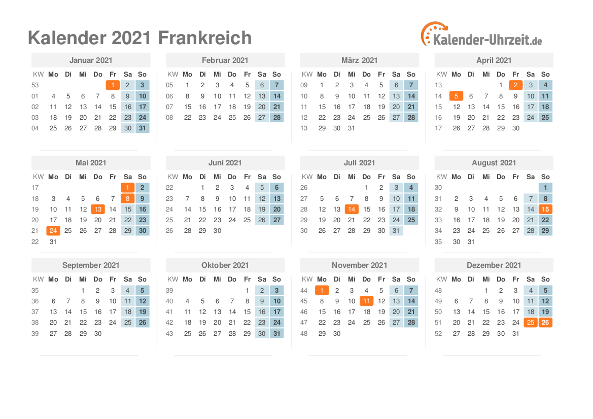 Kalender 2021 Frankreich mit Feiertagen