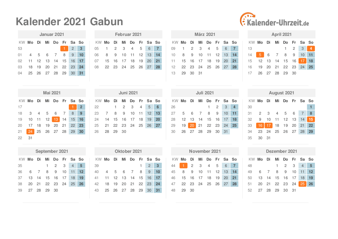 Kalender 2021 Gabun mit Feiertagen zum Ausdrucken Kalender 2021 Gabun mit Feiertagen