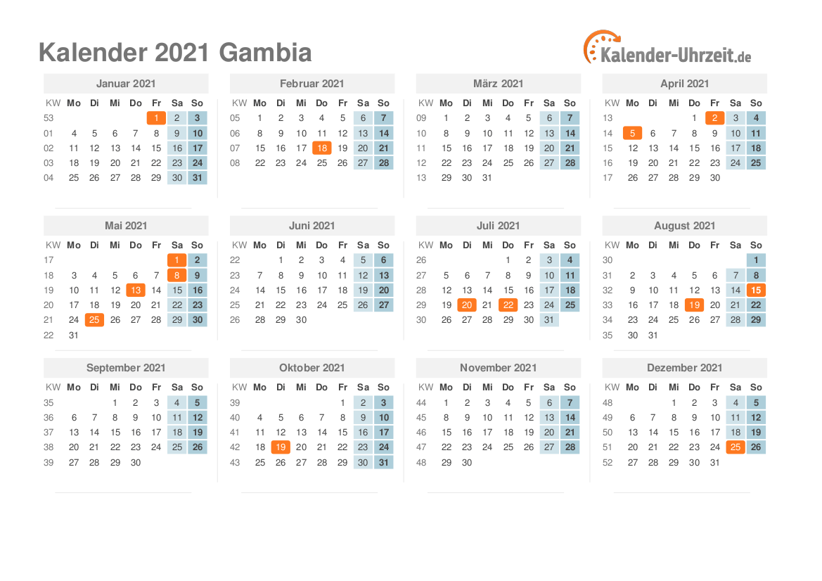 Kalender 2021 Gambia mit Feiertagen