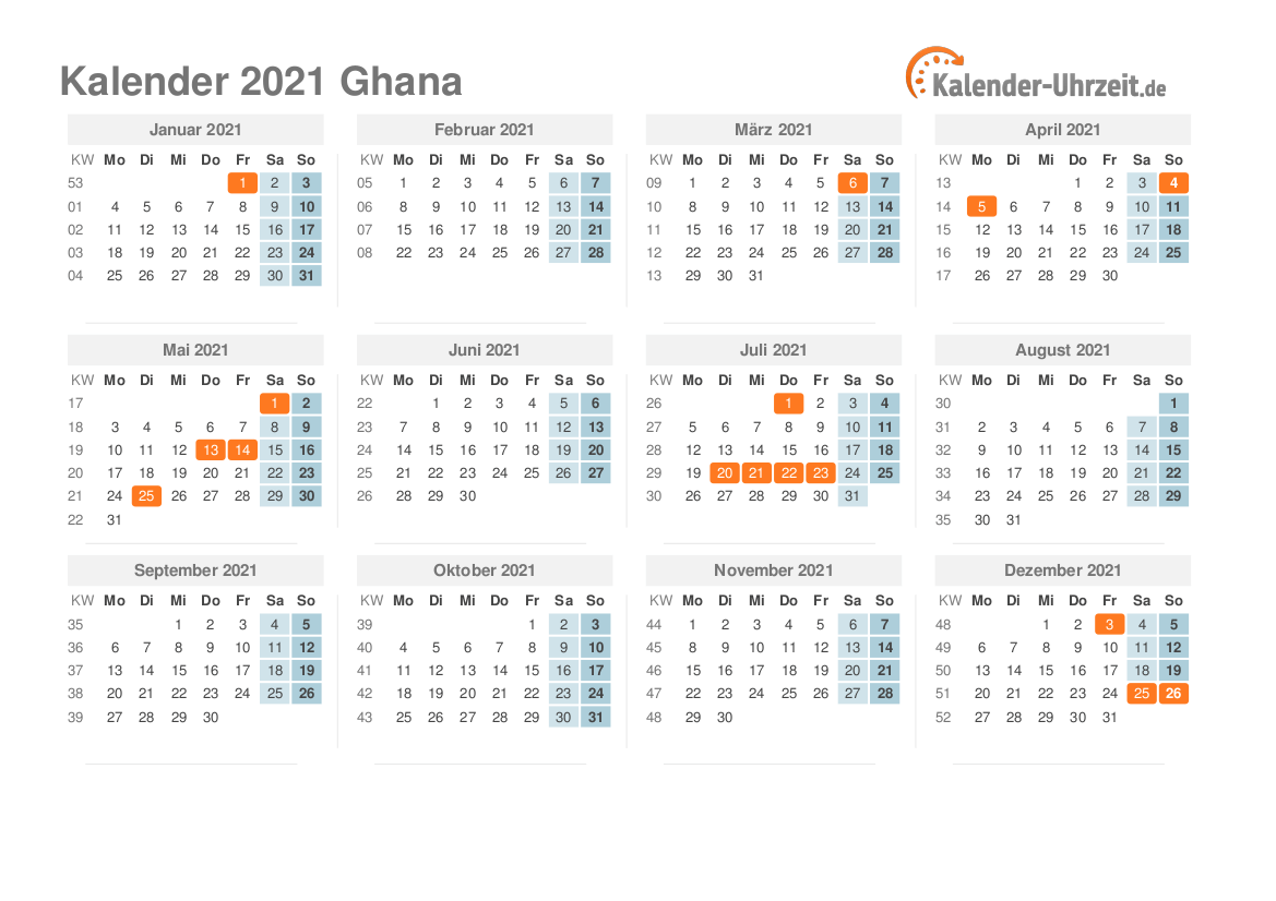 Kalender 2021 Ghana mit Feiertagen