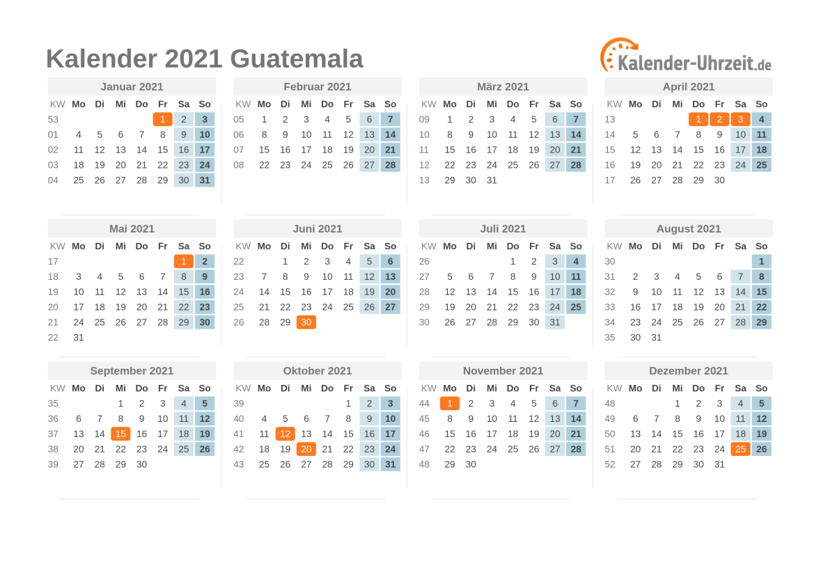 Kalender 2021 Guatemala mit Feiertagen