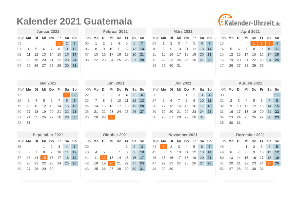Kalender 2021 Guatemala mit Feiertagen zum Ausdrucken Kalender 2021 Guatemala mit Feiertagen