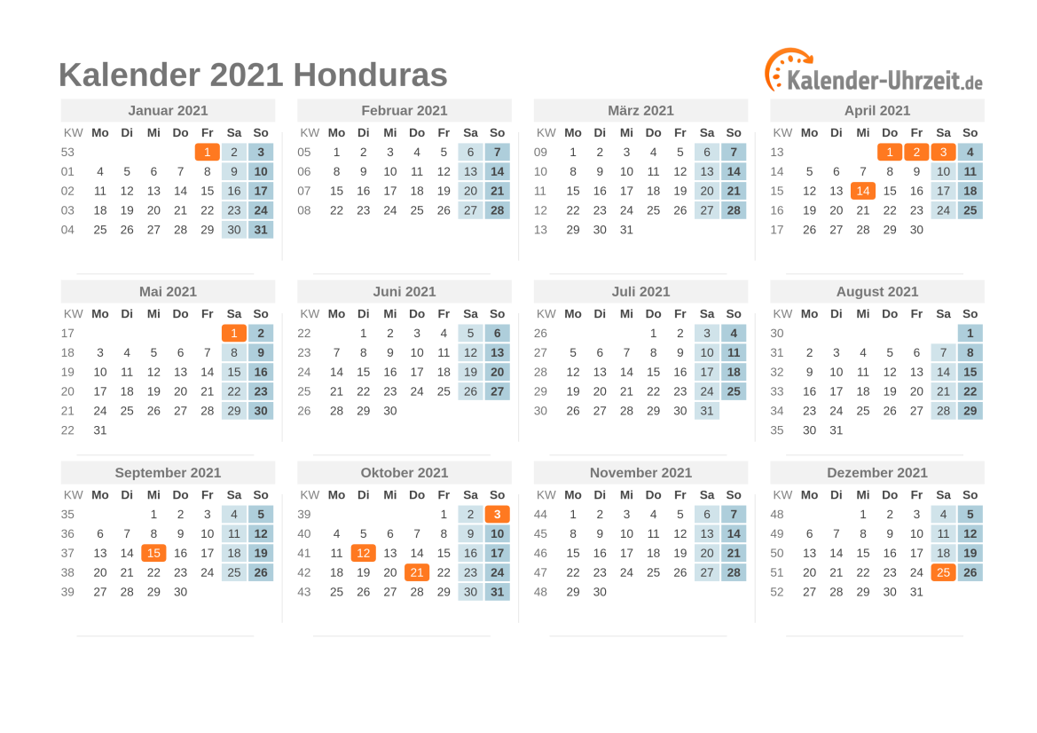 Kalender 2021 Honduras mit Feiertagen zum Ausdrucken Kalender 2021 Honduras mit Feiertagen