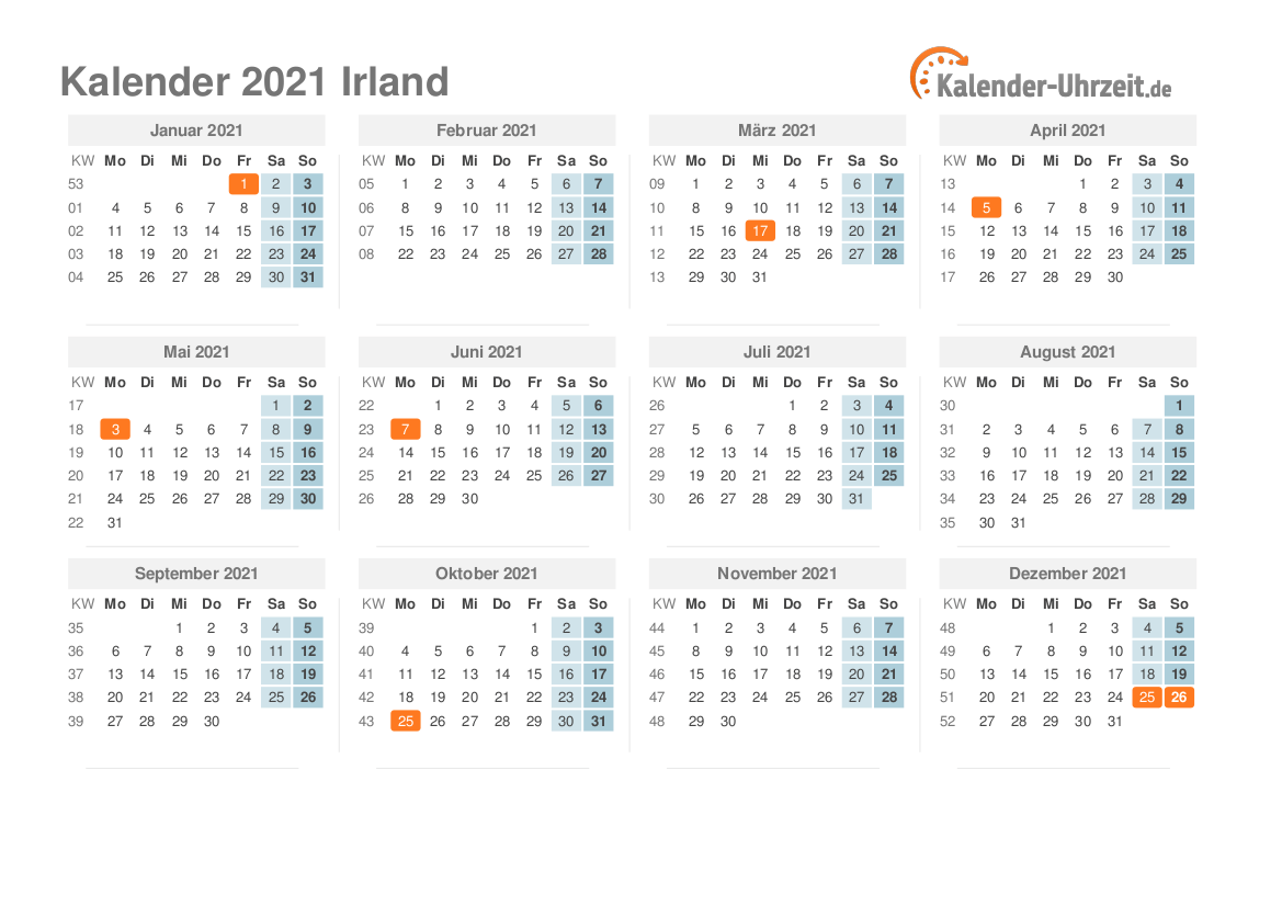 Kalender 2021 Irland mit Feiertagen zum Ausdrucken Kalender 2021 Irland mit Feiertagen