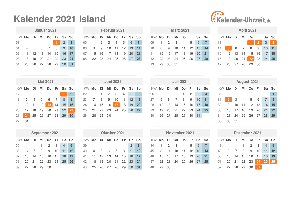 Kalender 2021 Island mit Feiertagen