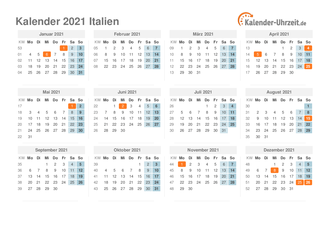 Kalender 2021 Italien mit Feiertagen zum Ausdrucken Kalender 2021 Italien mit Feiertagen