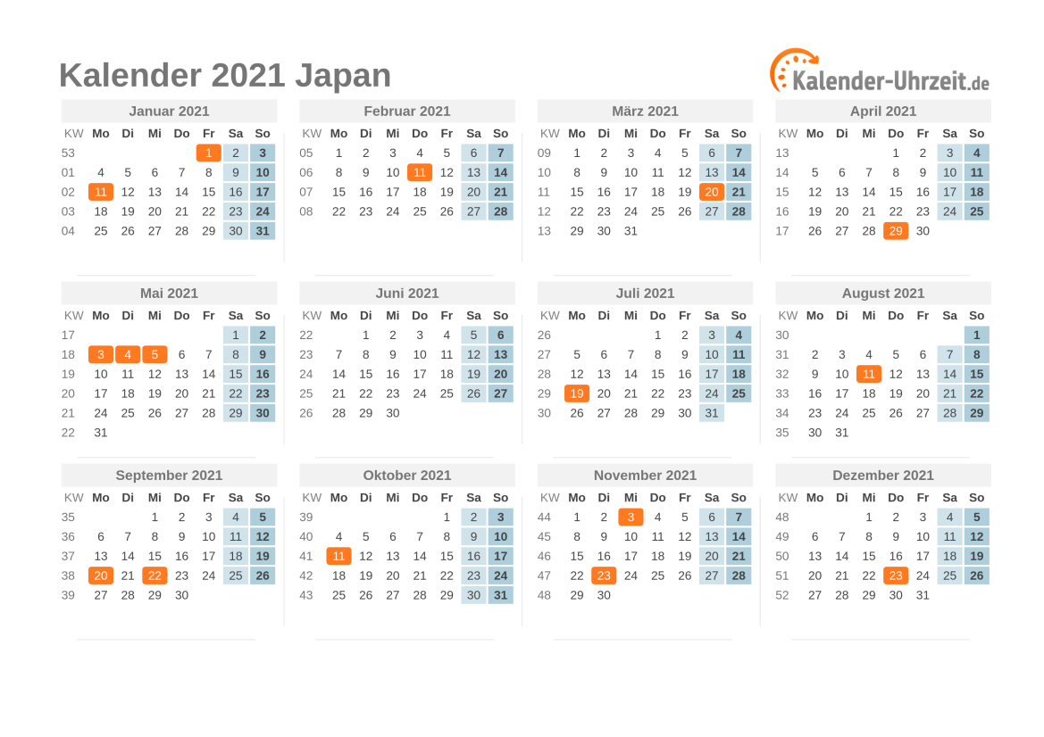 Kalender 2021 Japan mit Feiertagen zum Ausdrucken Kalender 2021 Japan mit Feiertagen