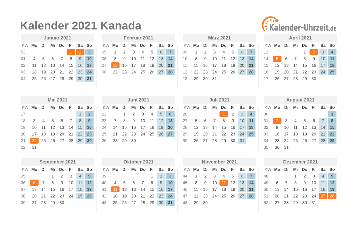 Kalender 2021 Kanada mit Feiertagen zum Ausdrucken Kalender 2021 Kanada mit Feiertagen