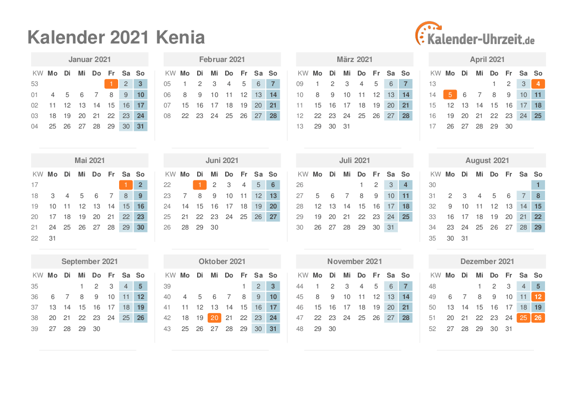 Kalender 2021 Kenia mit Feiertagen