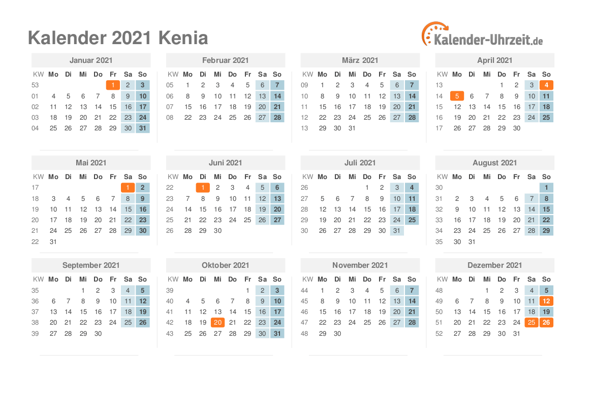 Kalender 2021 Kenia mit Feiertagen zum Ausdrucken Kalender 2021 Kenia mit Feiertagen