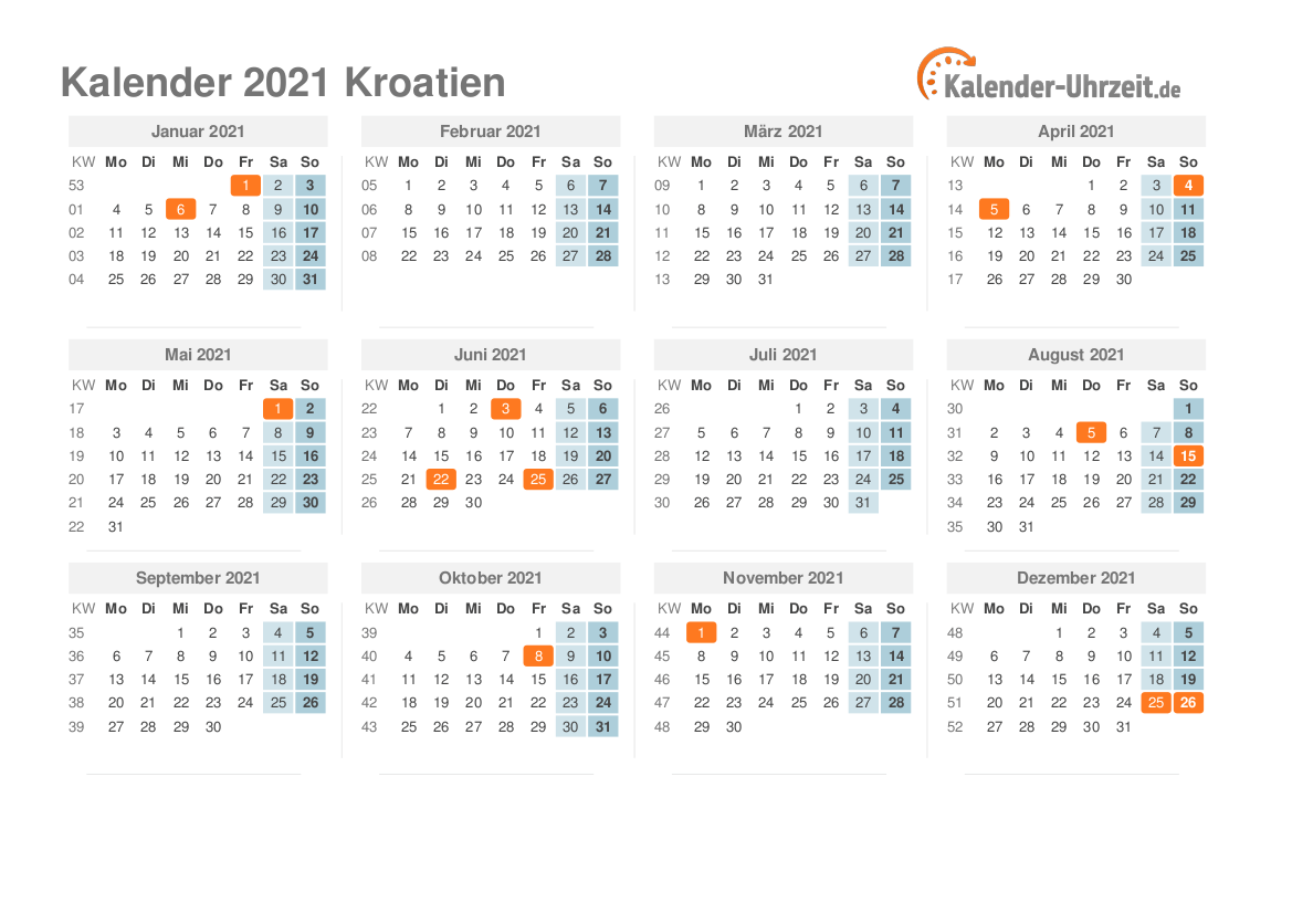 Kalender 2021 Kroatien mit Feiertagen zum Ausdrucken Kalender 2021 Kroatien mit Feiertagen