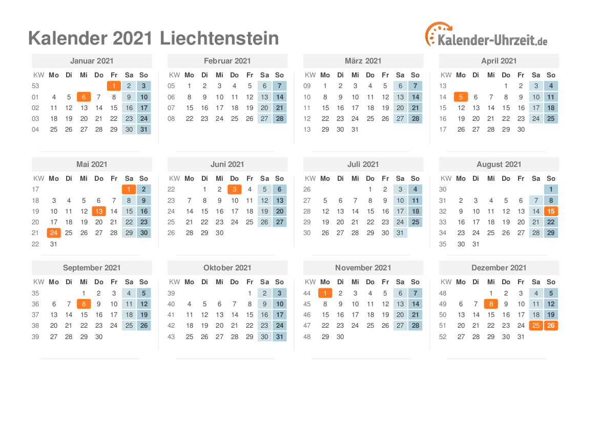 Kalender 2021 Liechtenstein mit Feiertagen