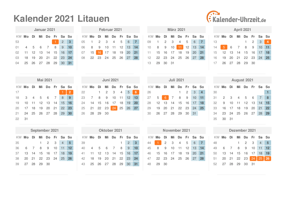Kalender 2021 Litauen mit Feiertagen zum Ausdrucken Kalender 2021 Litauen mit Feiertagen