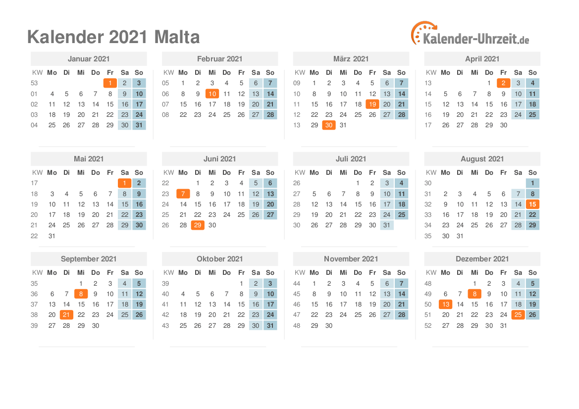 Kalender 2021 Malta mit Feiertagen zum Ausdrucken Kalender 2021 Malta mit Feiertagen