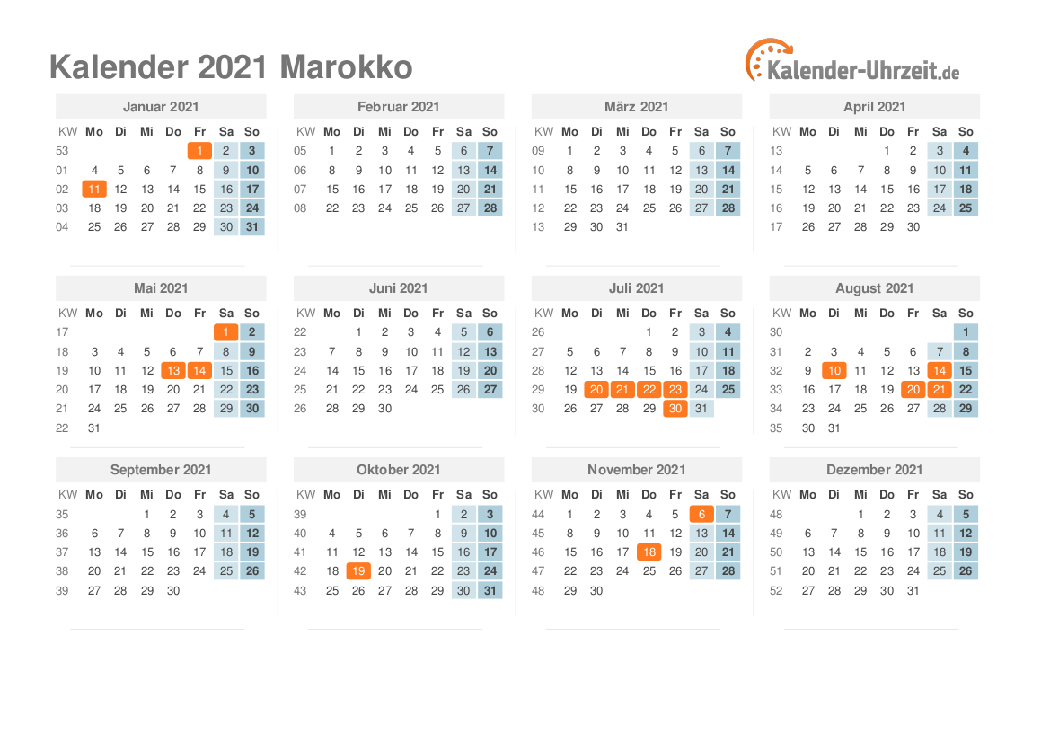 Kalender 2021 Marokko mit Feiertagen