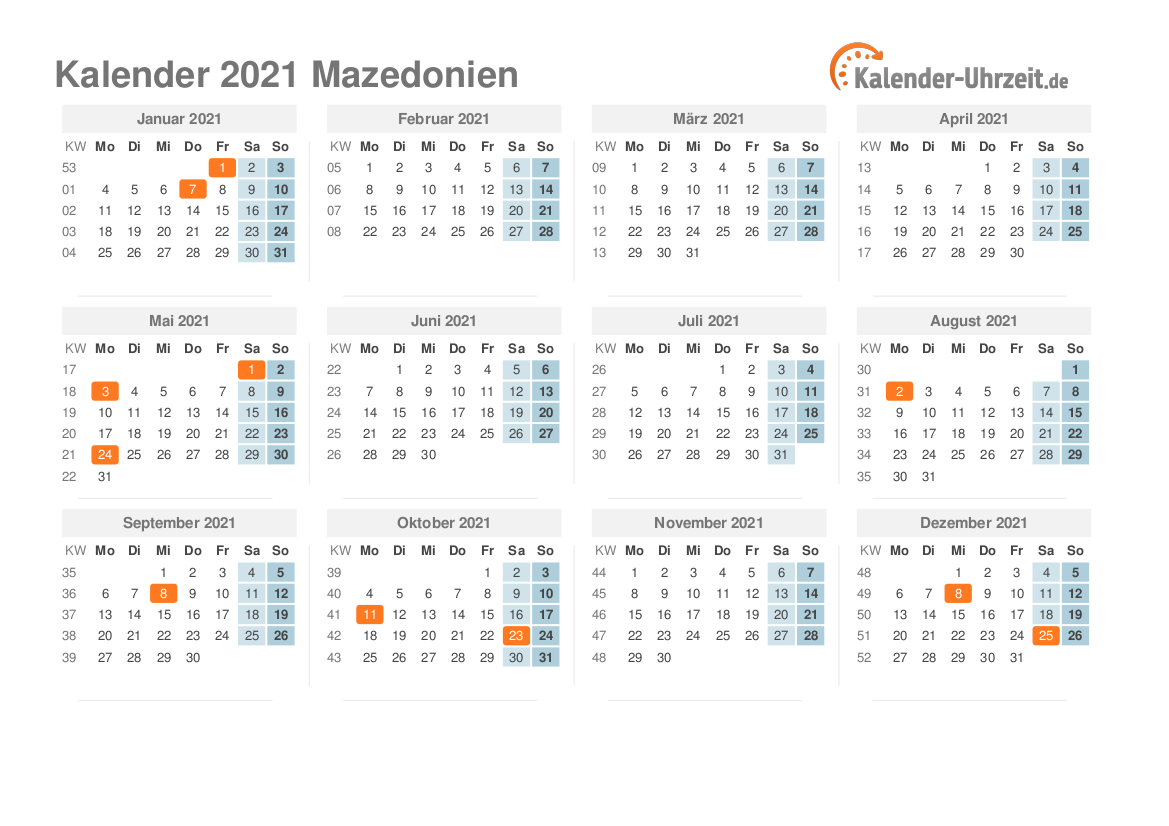 Kalender 2021 Mazedonien mit Feiertagen