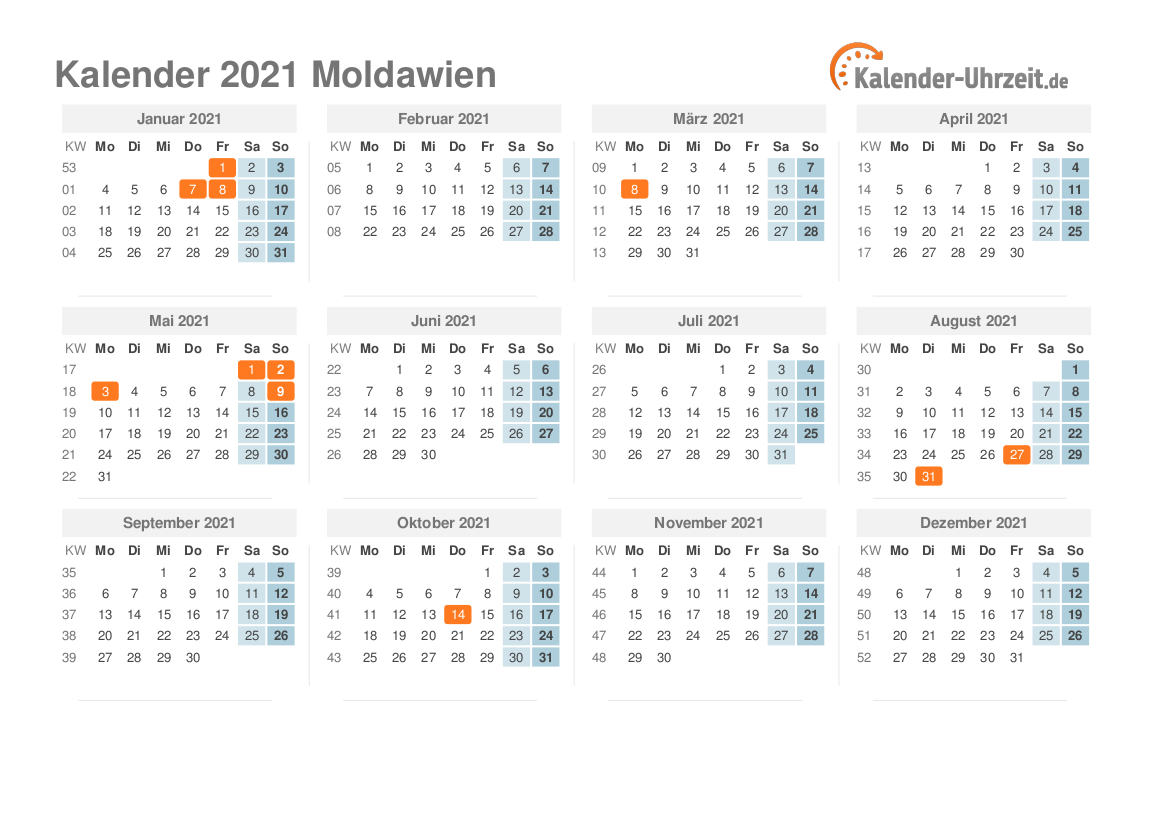 Kalender 2021 Moldawien mit Feiertagen
