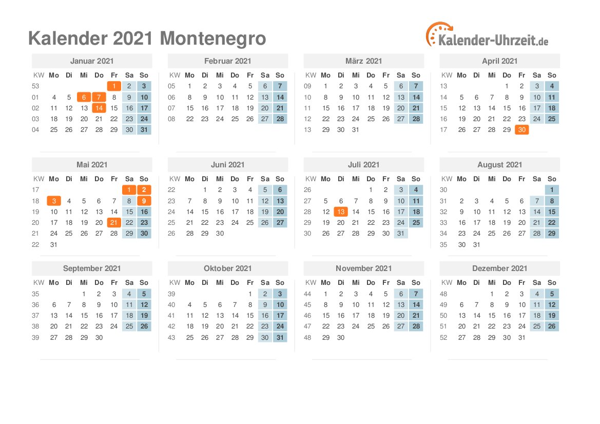 Kalender 2021 Montenegro mit Feiertagen