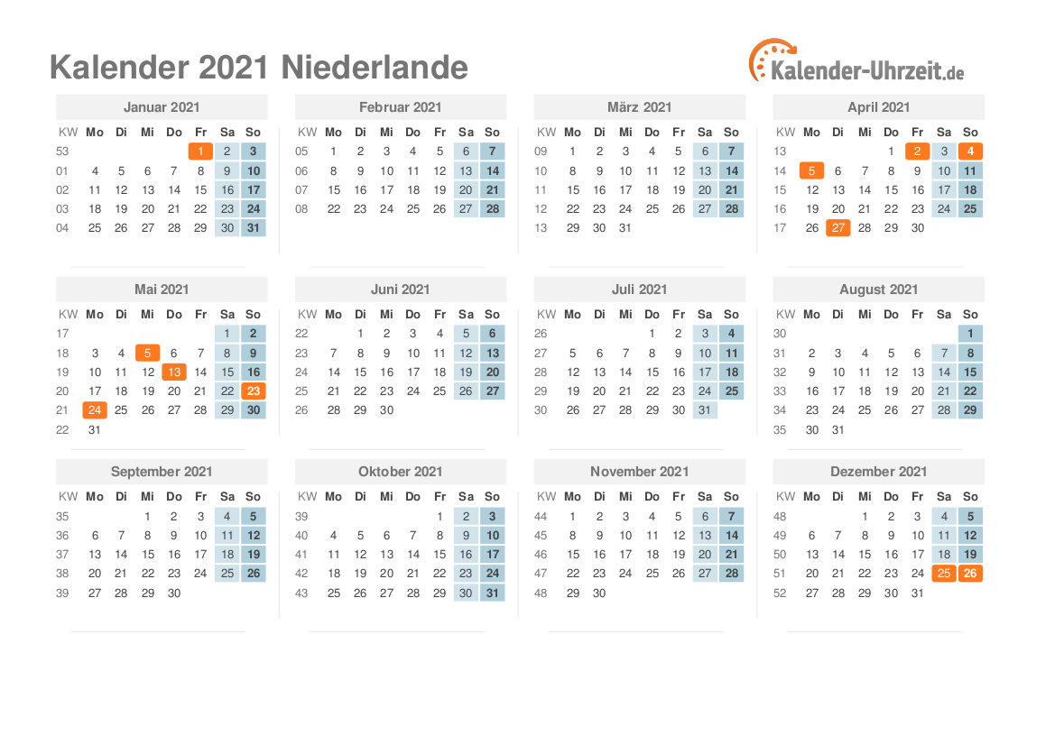 Kalender 2021 Niederlande mit Feiertagen