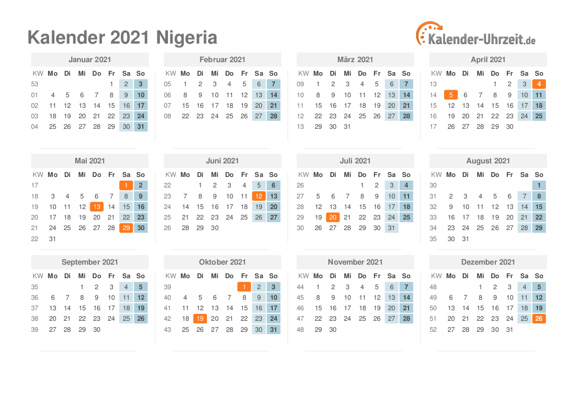 Kalender 2021 Nigeria mit Feiertagen