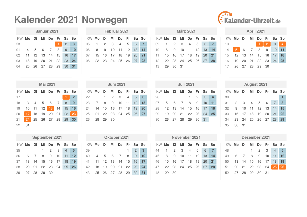 Kalender 2021 Norwegen mit Feiertagen