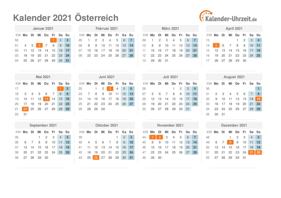 Kalender 2021 Österreich mit Feiertagen