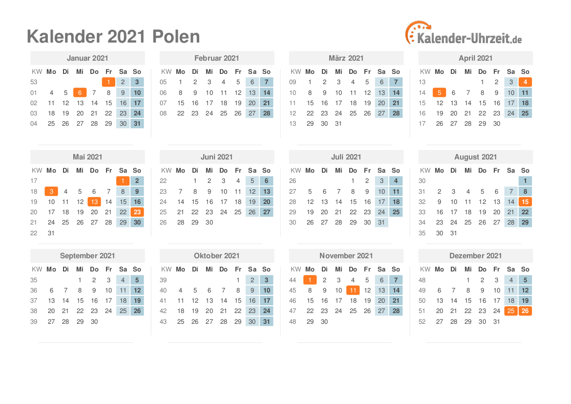 Kalender 2021 Polen mit Feiertagen