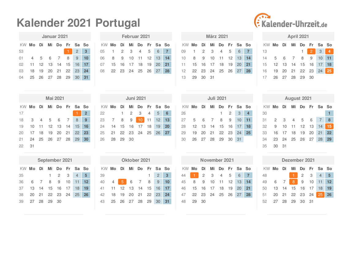 Kalender 2021 Portugal mit Feiertagen