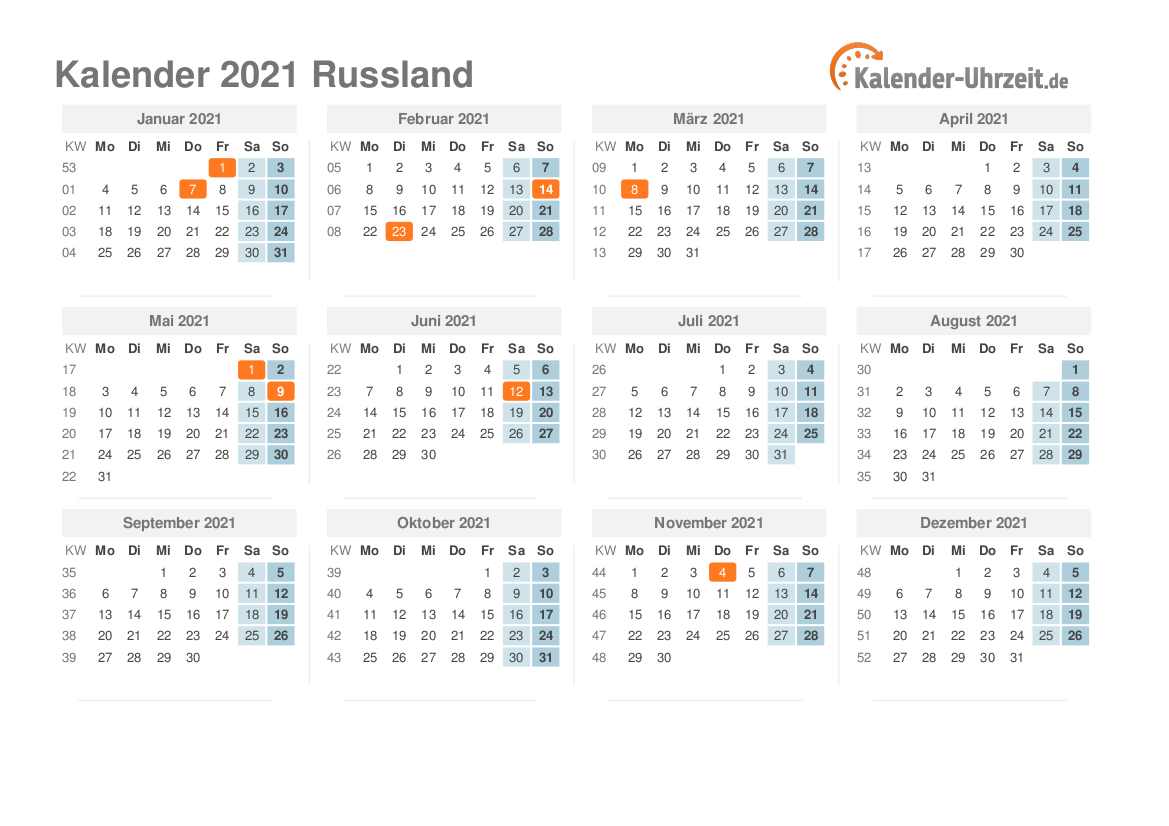 Kalender 2021 Russland mit Feiertagen zum Ausdrucken Kalender 2021 Russland mit Feiertagen