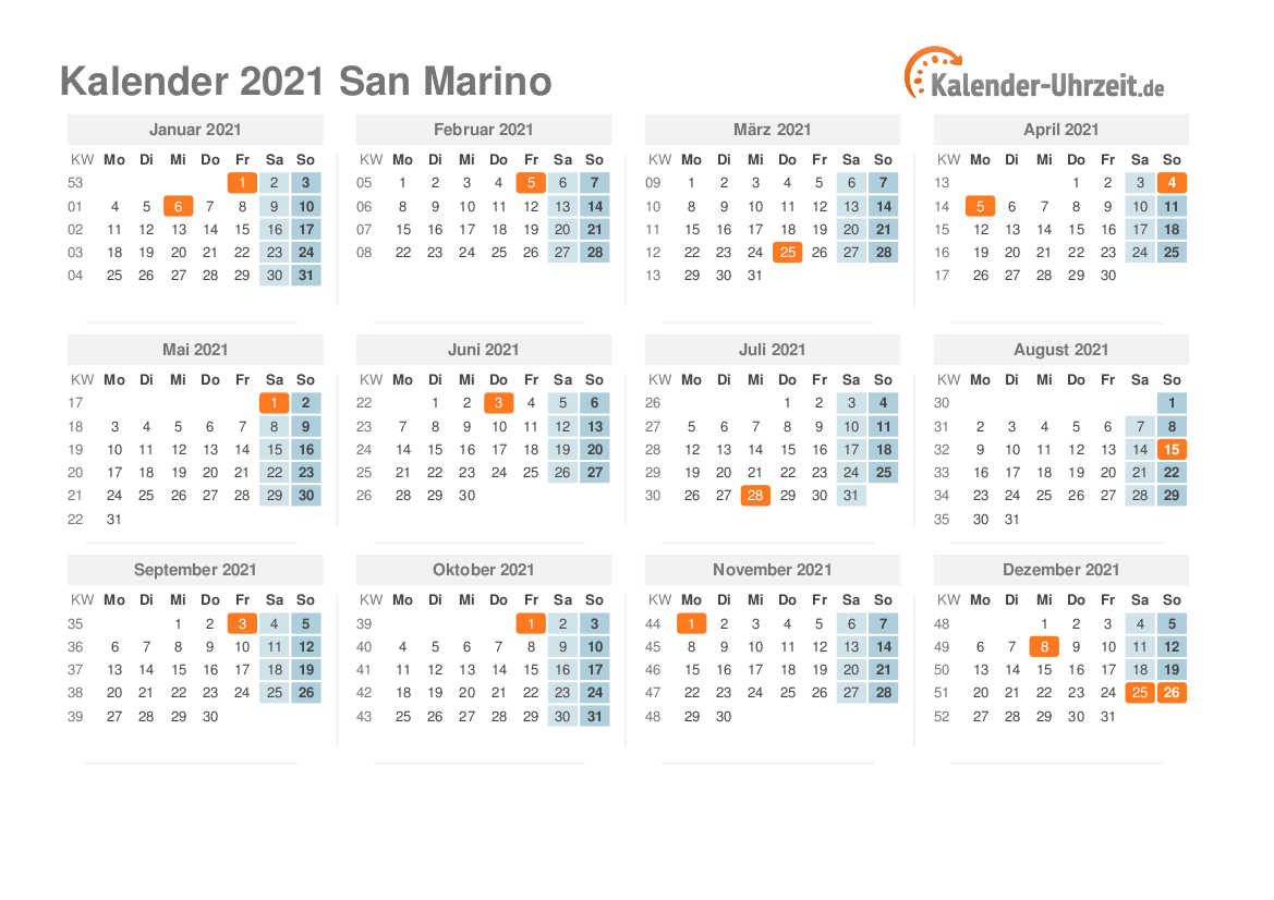 Kalender 2021 San Marino mit Feiertagen zum Ausdrucken Kalender 2021 San Marino mit Feiertagen