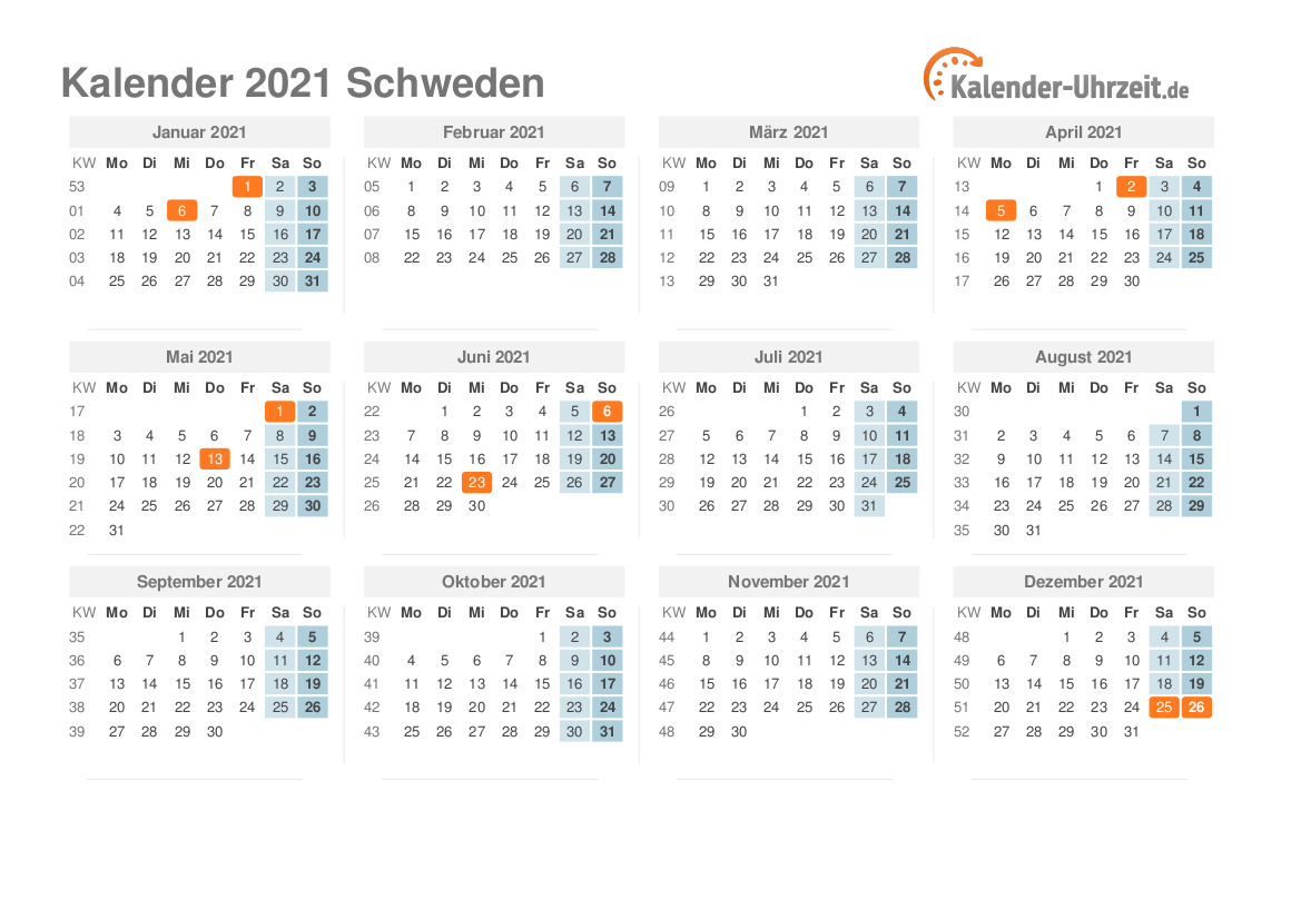 Kalender 2021 Schweden mit Feiertagen zum Ausdrucken Kalender 2021 Schweden mit Feiertagen