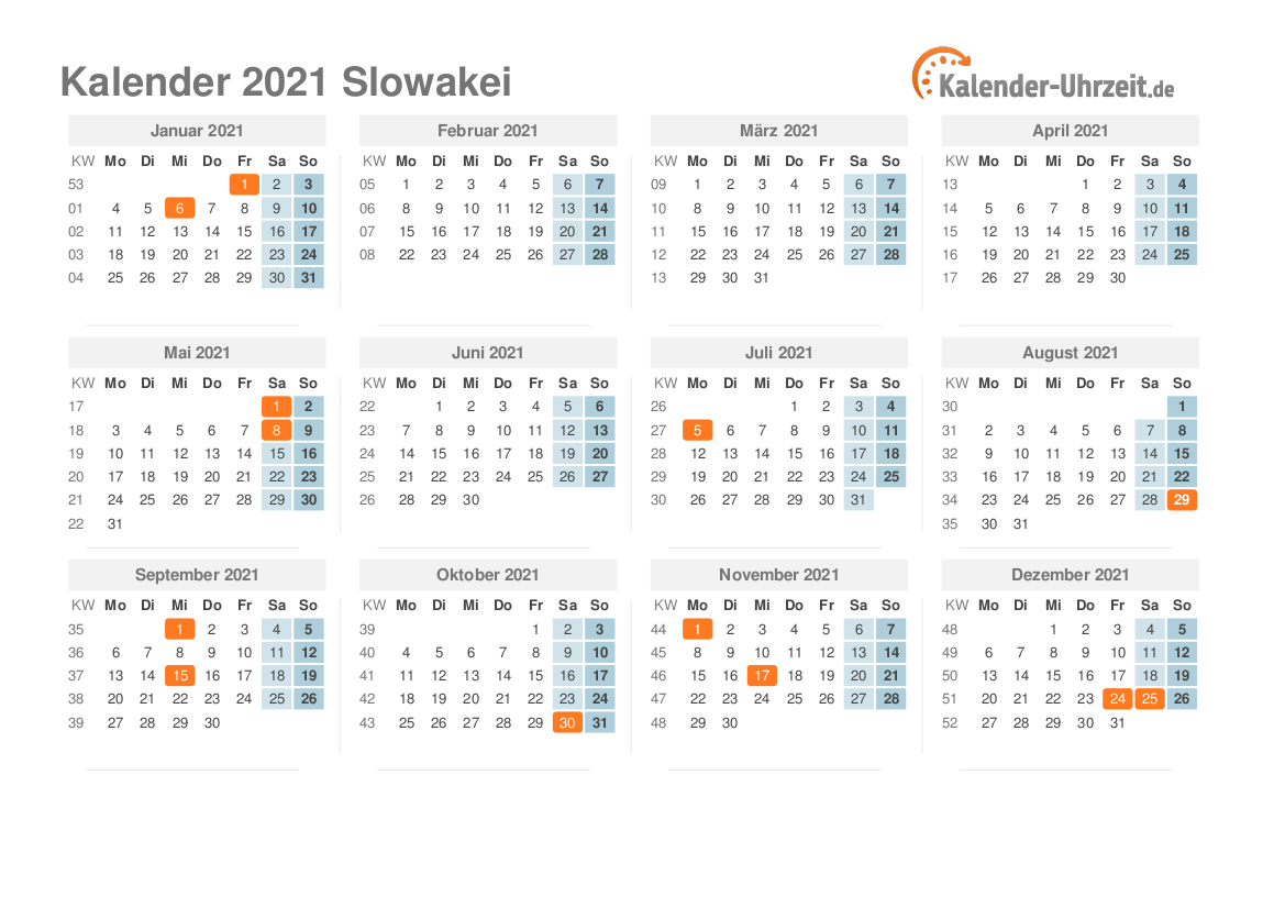 Kalender 2021 Slowakei mit Feiertagen zum Ausdrucken Kalender 2021 Slowakei mit Feiertagen