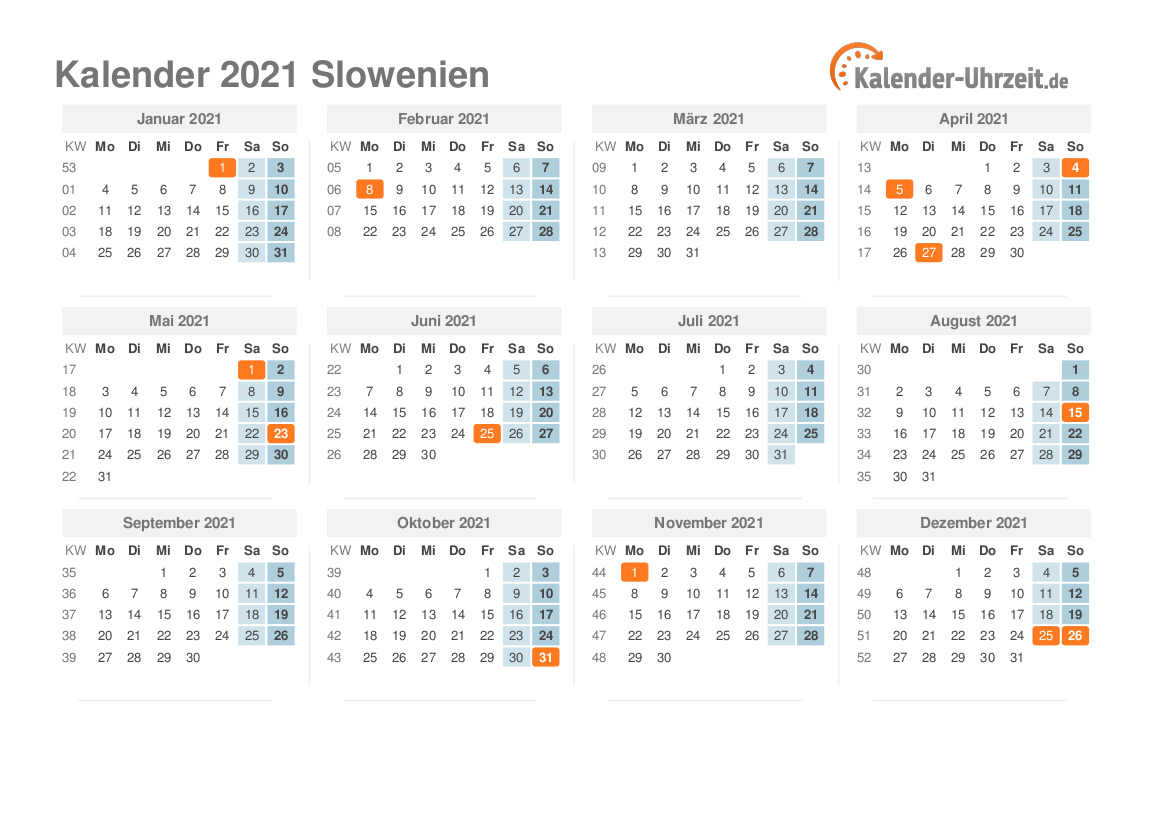 Kalender 2021 Slowenien mit Feiertagen zum Ausdrucken Kalender 2021 Slowenien mit Feiertagen