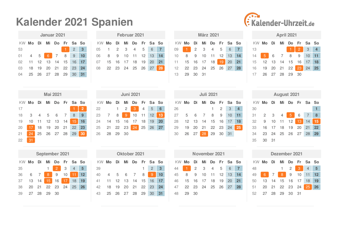 Kalender 2021 Spanien mit Feiertagen