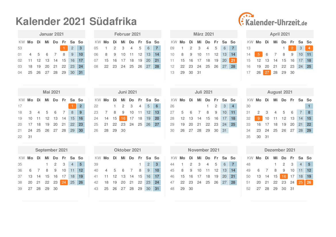 Kalender 2021 Südafrika mit Feiertagen