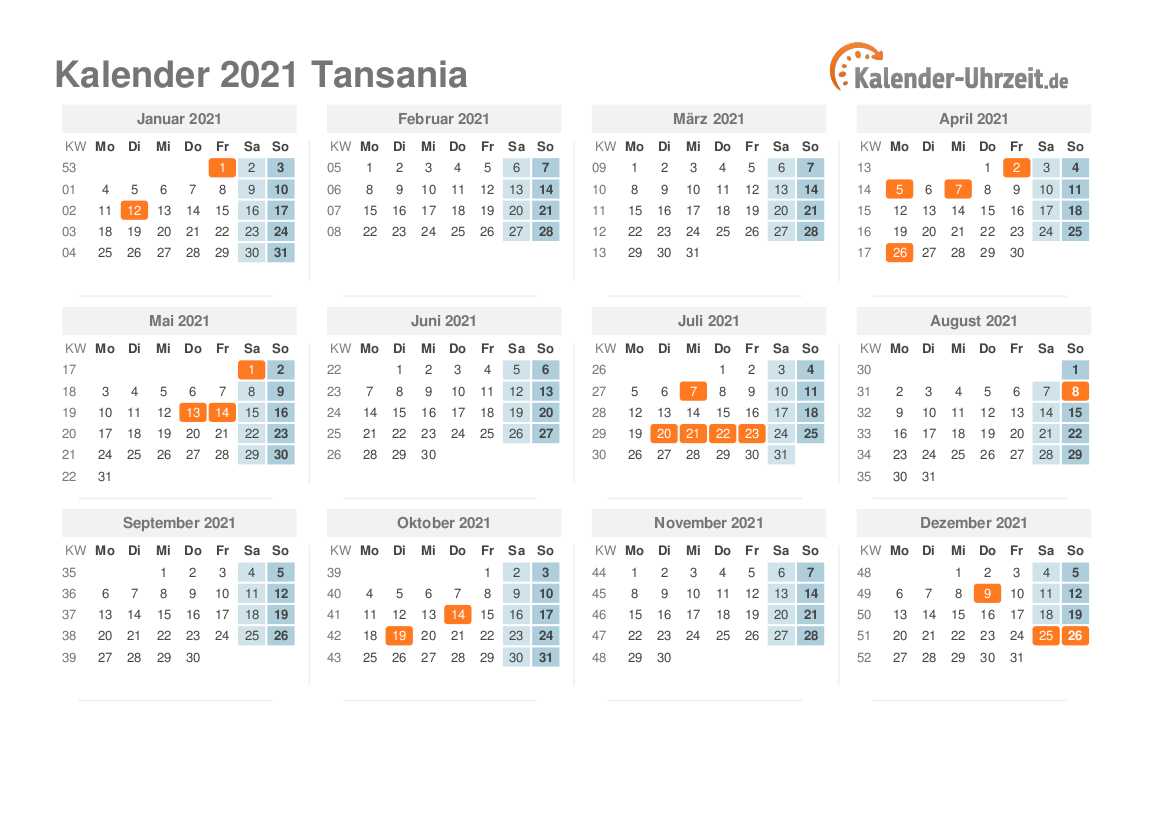 Kalender 2021 Tansania mit Feiertagen