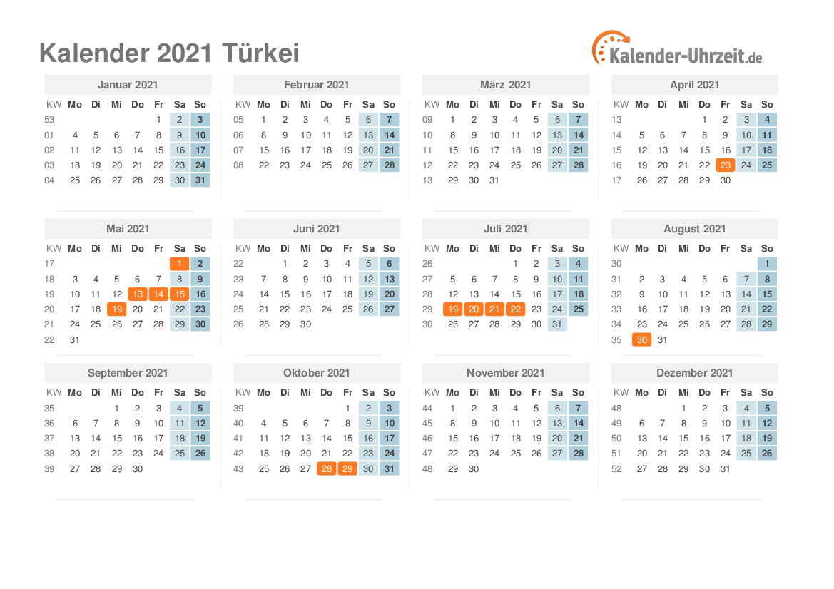 Kalender 2021 Türkei mit Feiertagen zum Ausdrucken Kalender 2021 Türkei mit Feiertagen
