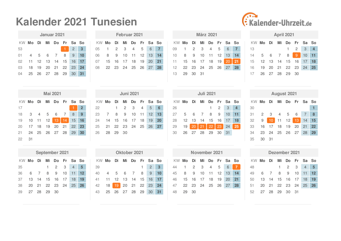 Kalender 2021 Tunesien mit Feiertagen