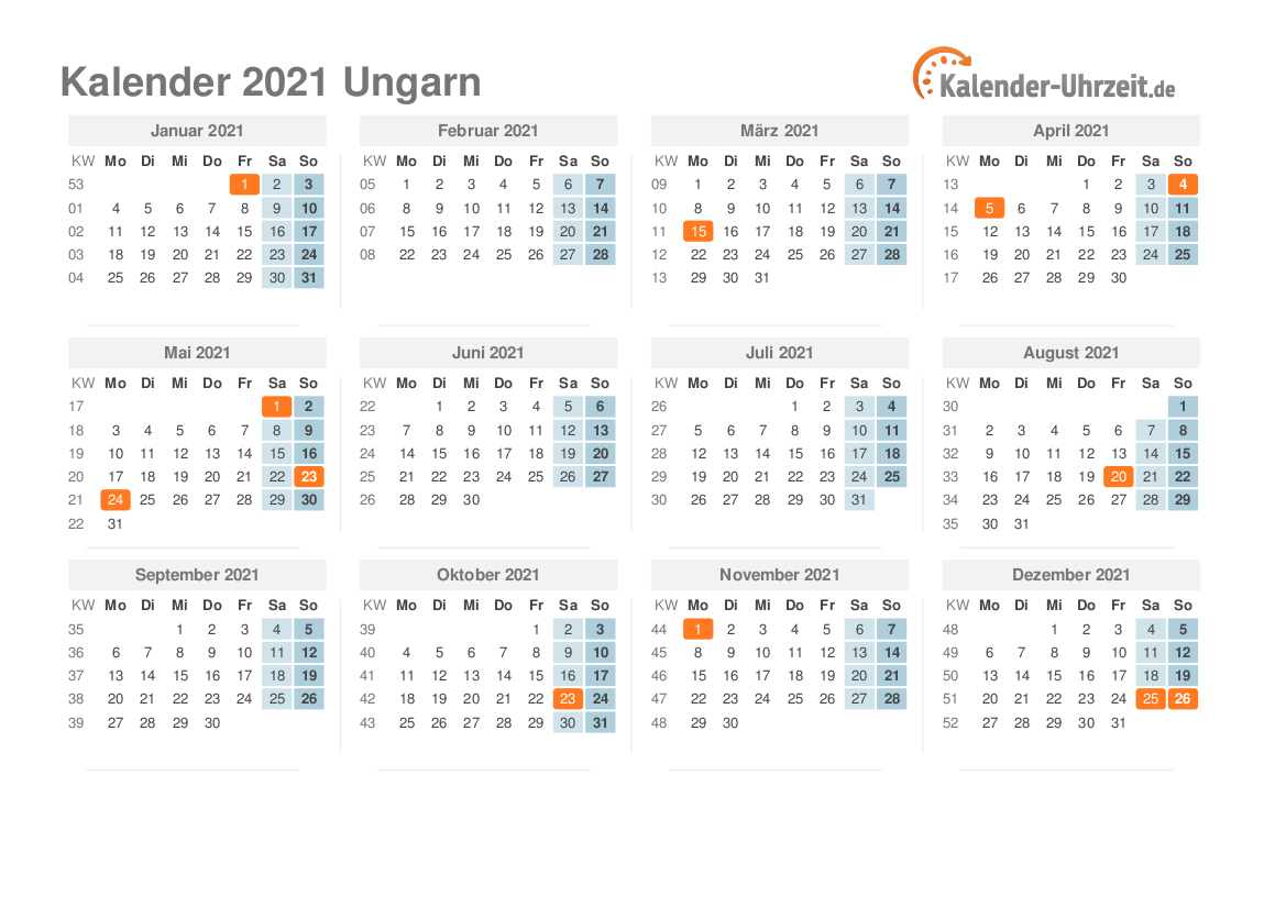 Kalender 2021 Ungarn mit Feiertagen