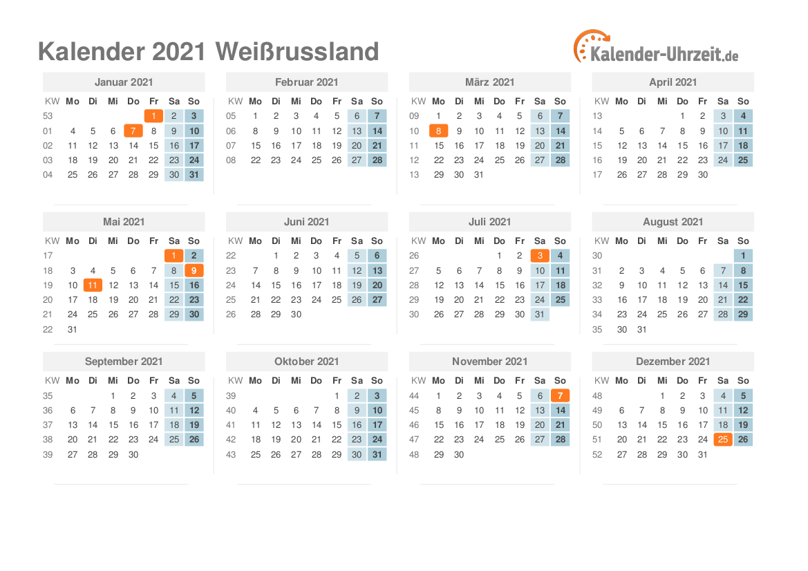 Kalender 2021 Weißrussland mit Feiertagen zum Ausdrucken Kalender 2021 Weißrussland mit Feiertagen