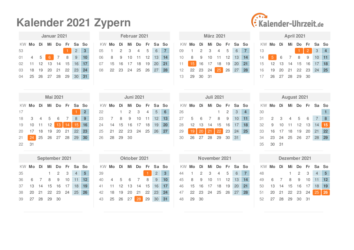 Kalender 2021 Zypern mit Feiertagen zum Ausdrucken Kalender 2021 Zypern mit Feiertagen