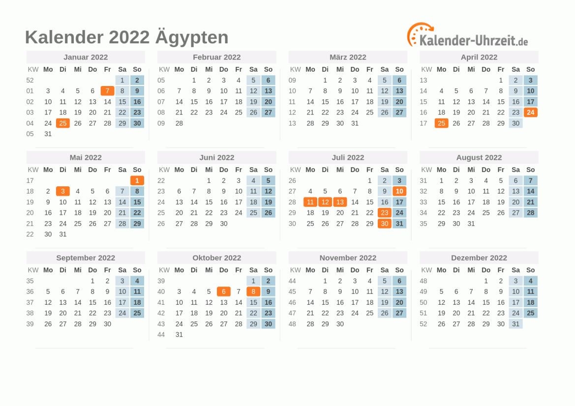Kalender 2022 Ägypten mit Feiertagen zum Ausdrucken Kalender 2022 Ägypten mit Feiertagen