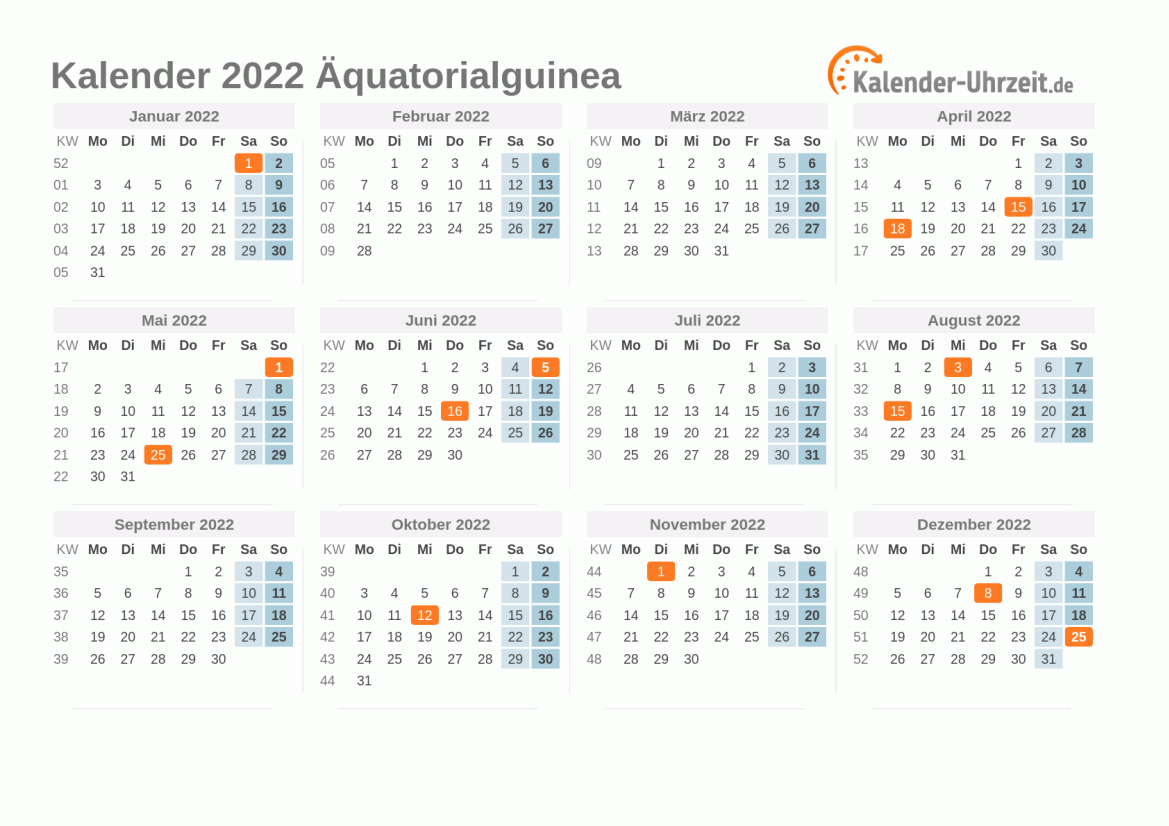 Kalender 2022 Äquatorialguinea mit Feiertagen