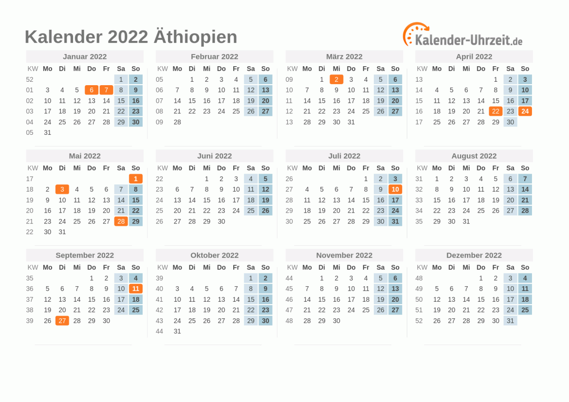 Kalender 2022 Äthiopien mit Feiertagen