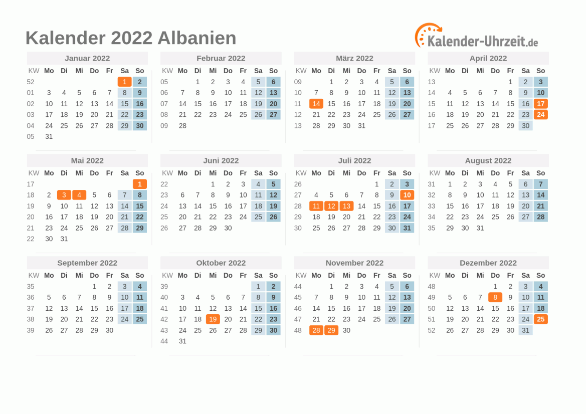 Kalender 2022 Albanien mit Feiertagen zum Ausdrucken Kalender 2022 Albanien mit Feiertagen