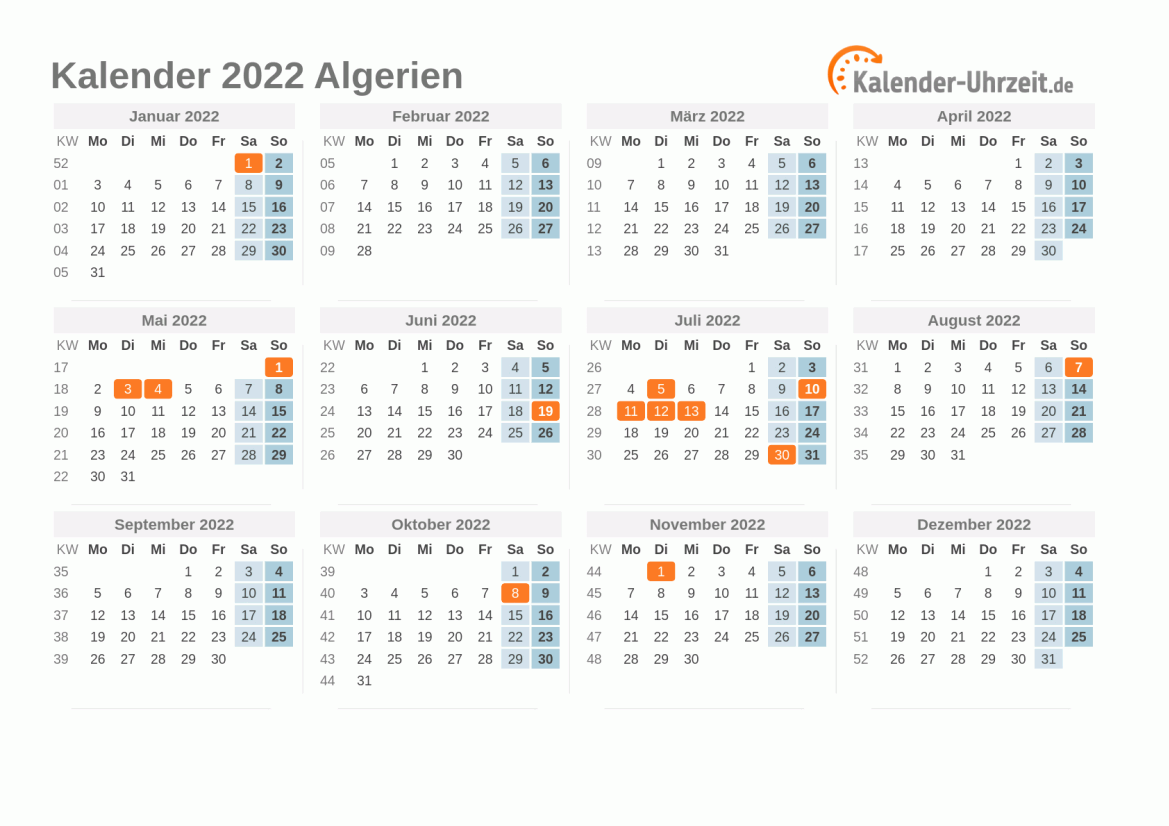 Kalender 2022 Algerien mit Feiertagen