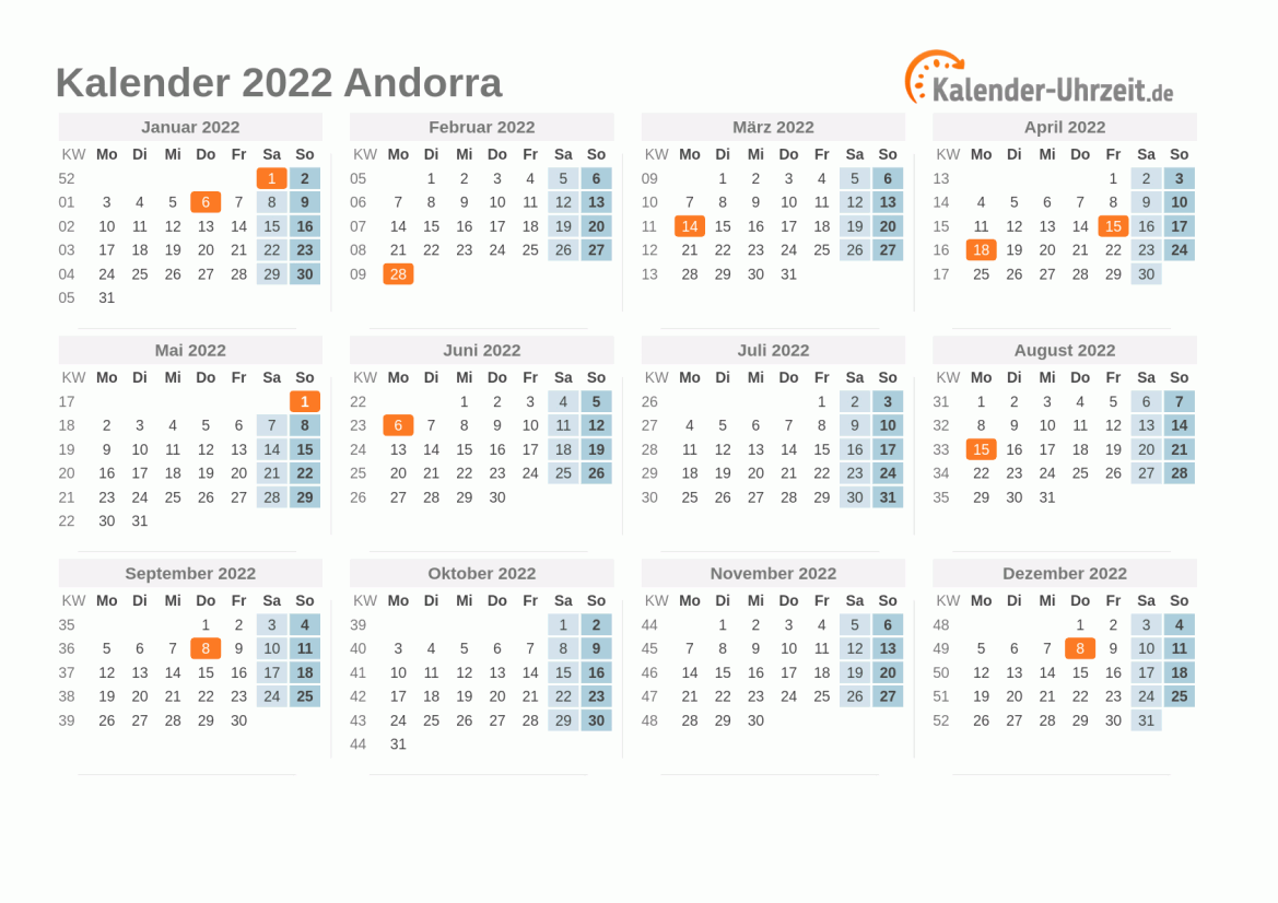 Kalender 2022 Andorra mit Feiertagen