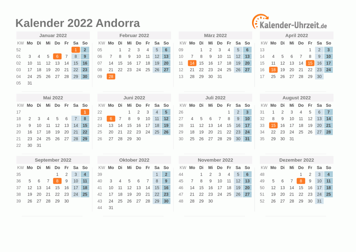 Kalender 2022 Andorra mit Feiertagen zum Ausdrucken Kalender 2022 Andorra mit Feiertagen