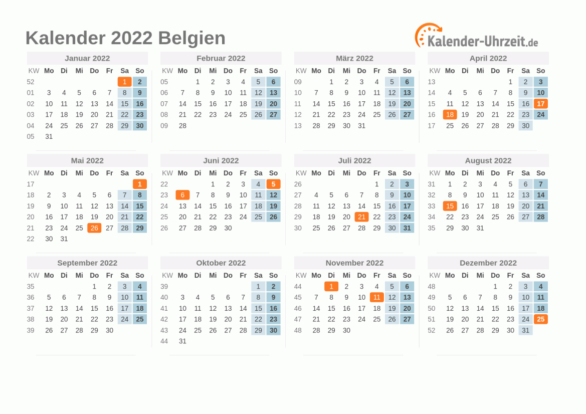 Kalender 2022 Belgien mit Feiertagen